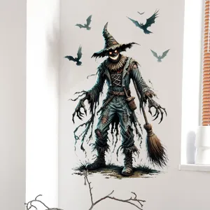 Detailierte gruselige Halloween Vogelscheuche und Fledermäuse Wandtattoo für Fensterdeko