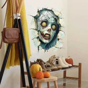 3D horror zombie wall decal breaking through wall for Halloween home and window decor