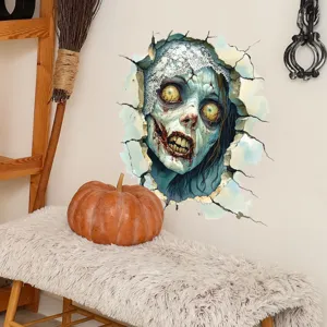 Scary 3D zombie head breaking through wall sticker for creative Halloween room decoration