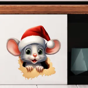 Dettaglio dell'adesivo murale 3D topo di Natale che spunta da un buco nel muro
