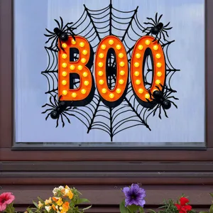 Spooky Halloween BOO marquee style window decal sticker with spider web and spiders