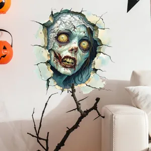 Detailed view of a scary 3D zombie head breaking through wall sticker for Halloween decor