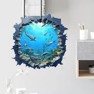 Detaillierter 3D Unterwasserwelt Wandaufkleber mit Haien und Fischen im Badezimmer