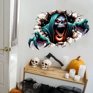 Realistic 3D Halloween wall sticker featuring a Grim Reaper breaking through the wall