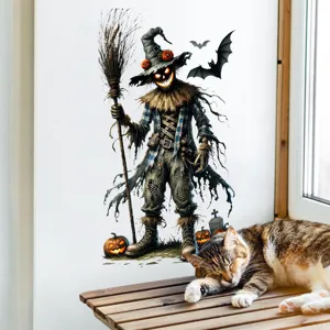 Gruseliger Halloween Vogelscheuche und Fledermaus Wandaufkleber neben einer Katze.