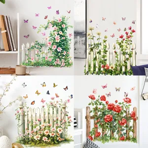 Pastorale Tuin Hek Bloemen Vlinder Muursticker PVC Waterdicht Verwijderbare Florale Muurstickers Voor Woonkamer Slaapkamer Decor