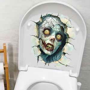 Detailed view of scary 3D zombie broken wall sticker applied to white toilet lid