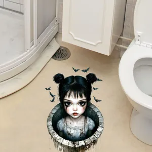 Gedetailleerde weergave van 3D Halloween horror meisje vloersticker met vleermuizen