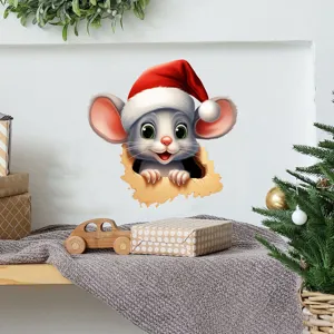Adorabile adesivo murale 3D topo di Natale dal buco, decorazione festiva per la casa