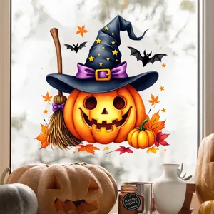 Detailed view of Halloween pumpkin window sticker with witch hat and autumn leaves