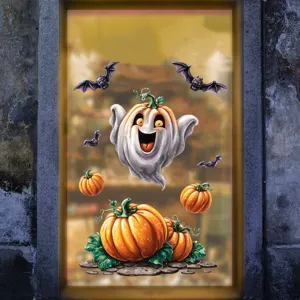 Vue détaillée des autocollants de fenêtre amovibles d'halloween avec fantôme et citrouille