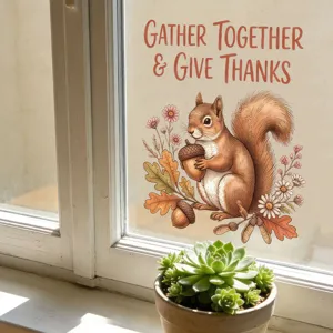 Decalcomania autunnale con scoiattolo e testo Gather Together & Give Thanks su vetro
