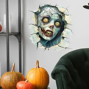 Scary 3D zombie wall sticker breaking through wall for Halloween window and home decor