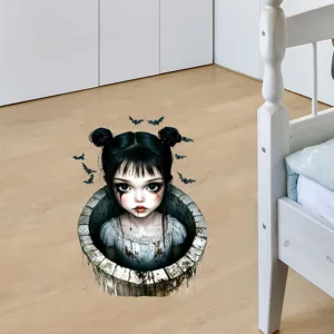 3D Halloween vloersticker met een horrormeisje dat uit een stenen put komt met vleermuizen