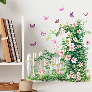 Decoratieve bloemen muursticker met wit hek roze bloemen en paarse vlinders voor muur