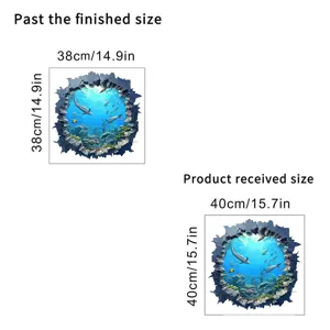 3D Hai Ozean Wandaufkleber Größenvergleich: 38cm Endmaß und 40cm Bogengröße im Detail