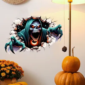 Halloween 3D grim reaper wall sticker showing realistic breakthrough effect on room wall