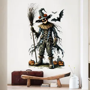 Detailansicht eines Halloween-Vogelscheuche- und Fledermaus-Wandaufklebers im Wohnzimmer