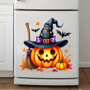 Close-up detail of a colorful Halloween pumpkin sticker applied to a white refrigerator