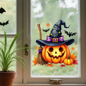 Vibrant Halloween pumpkin and witch hat window sticker displayed on a bright glass pane