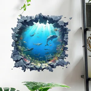 3D Unterwasserwelt Wandsticker mit Haien und Korallen im realistischen Mauerdurchbruch