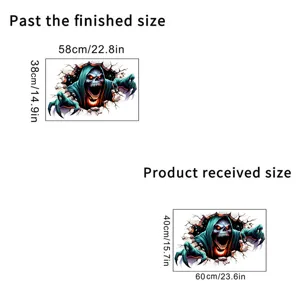 Detailed size specifications for 3D Halloween grim reaper wall sticker showing finished dimensions