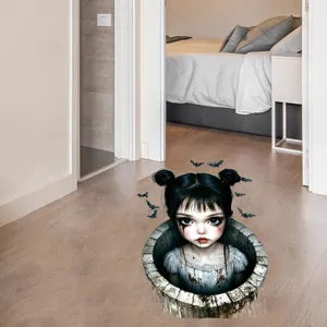 Detail van 3D Halloween griezelig meisje vloersticker in een gotische put met vleermuizen