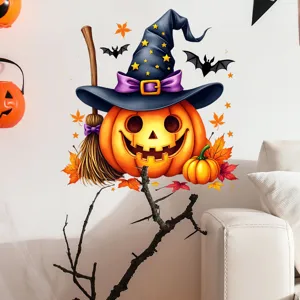 Detailed display of Halloween pumpkin wall sticker with witch hat bats and autumn leaves