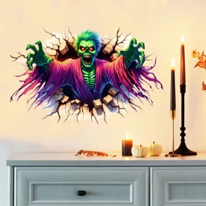 Detailed view of a 3D Halloween zombie wall sticker breaking through a white wall