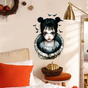 Halloween gotische horror meisje muursticker met vleermuizen voor de slaapkamer.