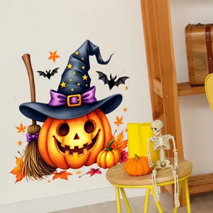 Halloween pumpkin wall sticker with wizard hat and broom for festive window decoration