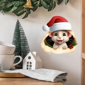 Adesivo murale natalizio 3D con topo che sbuca da un buco per decorazione casa