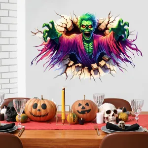 Spooky Halloween 3D zombie wall sticker breaking through wall in themed dining room decor