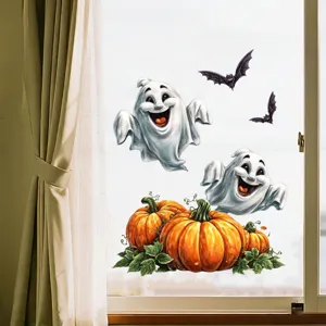Autocollant de fenêtre Halloween avec fantômes souriants et citrouilles oranges sur verre