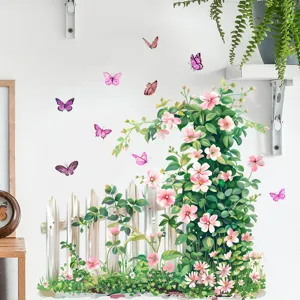 Zelfklevende muursticker met hekbloemen en vlinders voor thuisdecoratie