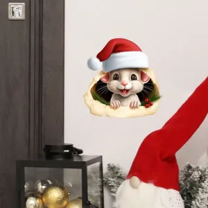 Adesivo murale natalizio 3D con topo carino e cappello da Babbo Natale per decorazione.