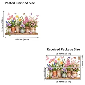 Detalle de medidas de pegatinas de tulipanes mostrando tamaños finales y de entrega.