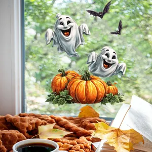 Vue détaillée de stickers de Halloween avec fantômes et citrouilles dans un décor d'automne