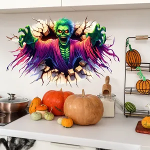 3D Halloween wall sticker featuring a scary green zombie bursting through a wall