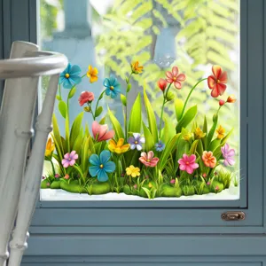 Bunte Blumen und Gras Fensteraufkleber auf einer klaren Glasscheibe angebracht