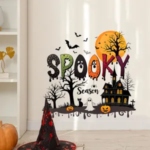 Spooky Season Halloween wall decal featuring a haunted house and bats in a room scene