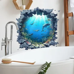 Detailaufnahme eines wasserdichten 3D-Hai-Wandstickers für die Badezimmerdekoration