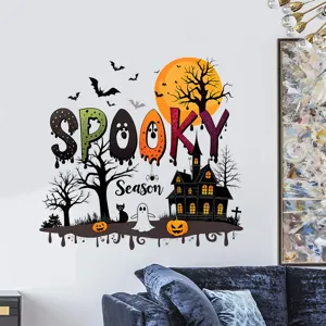 Halloween Spooky Season wall decal with pumpkin, ghost and haunted house decoration