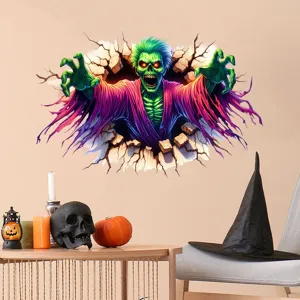 Detailed view of a 3D Halloween wall decal featuring a realistic zombie breaking through a wall.