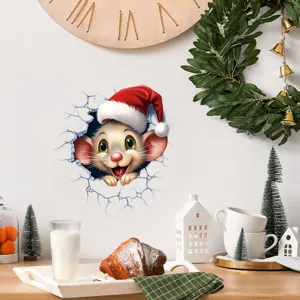 Adesivo murale 3D con topo di Natale ed effetto muro crepato per decorare casa