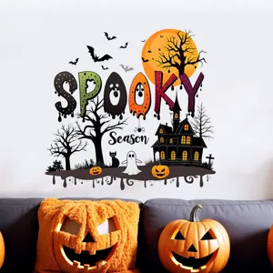 Detail of Halloween spooky season wall sticker with pumpkins and haunted house