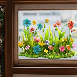 Lebhafte 3D Blumen und Gras Fensteraufkleber auf einer klaren Glasscheibe angebracht