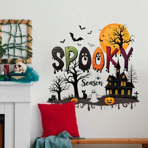 Halloween "SPOOKY Season" wall sticker with pumpkin, ghost, and haunted house motifs.