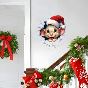 Adesivo murale 3D topo di Natale che sbircia da un buco per decorazioni festive in casa