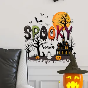 Spooky Season Halloween wall decal featuring a haunted house ghost and bats design